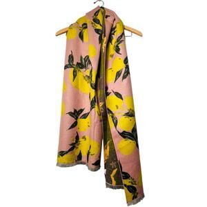 100% Wool Pink Lemon Print Scarf 24x76 Soft Lightweight Wrap Stole Boho